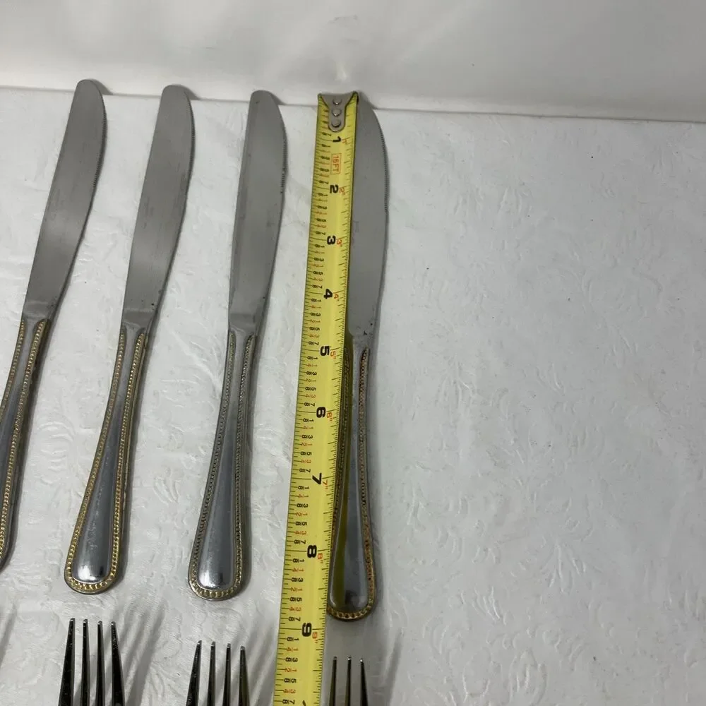 New Traditions Glossy Beaded Flatware Lot Of 15 Stainless w Gold Accents 18/10